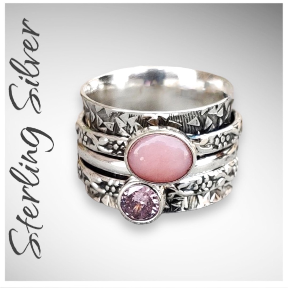 Sterling Silver Ring with Pink Opal Stone 6.5